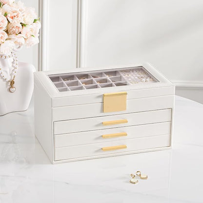 Lolalet Earring Storage Box Case with Glass Top, Large Earring Jewelry Holder Organizer Display with Drawer and Grid, Gift for Girls Women -4 Tiers, Cloud White