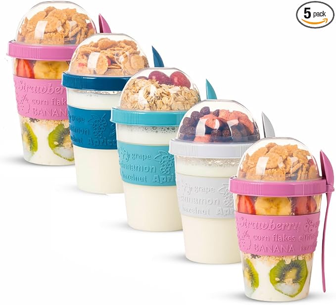 5 Pack On The Go Cereal Yogurt Cups with Lids and Spoon, Overnight Oats Container, Reusable Parfait Plastic Milk Jar Breakfast Crunch Granola Oatmeal Smoothie Snack Prep Bowl