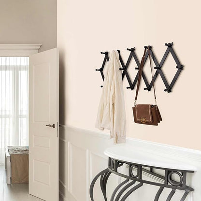 Accordion Wall Hanger with 16 Hooks, Wooden Wall Expandable Coat Rack for Coat, Hats, Baseball Caps, Coffee Mug, Jewelry(Black)