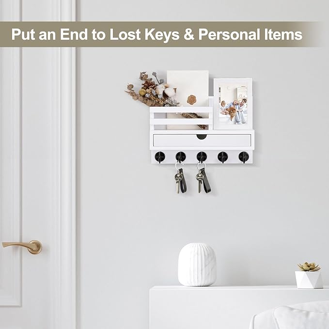 Key Holder Wall Mount, Mail Holder with Storage Drawer and 5 Key Hooks for Coat, Dog Leash, Home Decor Rack, House Accessories, Entry Way Organizer