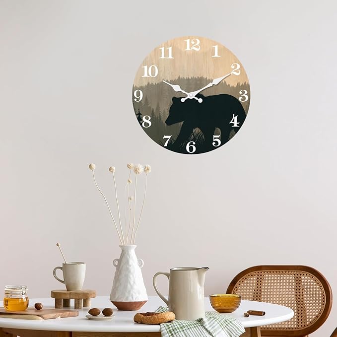 XFM Cabin Bear Wall Clock 12 Inch Silent Non Ticking Wooden Wall Clocks Battery Operated Forest Wildlife Mountain Lodge Round Clock Rustic Farmhouse Wall Clock