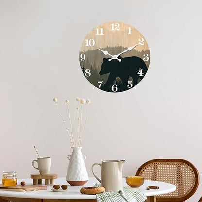XFM Cabin Bear Wall Clock 16 Inch Silent Wooden Wall Clocks Battery Operated Rustic Forest Wildlife Clock for Lodge Living Room Kitchen Office