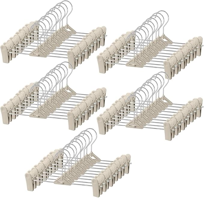 Pants Hangers with Clips 50 Pack - Space Saving Stackable Shorts Skirt Hangers with Clips - Non-Slip, Adjustable for Men, Women, Kids, Children, Baby, Beige