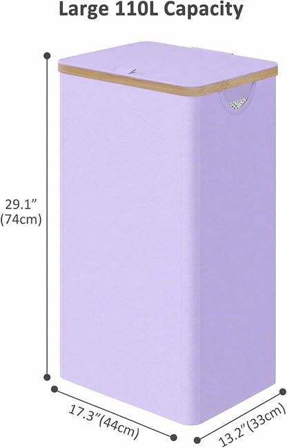 Laundry Hamper with Lid, 110L Large Laundry Basket with Removable Bag, Clothes Basket Hamper with Bamboo Frame for Clothes Towels Organizer- Purple