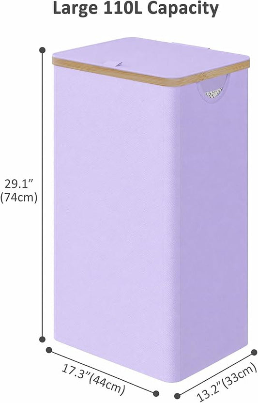 Laundry Hamper with Lid, 110L Large Laundry Basket with Removable Bag, Clothes Basket Hamper with Bamboo Frame for Clothes Towels Organizer- Purple