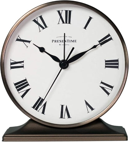 Presentime & Co Lewis Mantel Alarm Clock, Desk and Shelf Clock, Tabletop Decoration, 5.5 x 5 inch, Silent no Ticking, Metal Base, Bronze Finish, Roman Numeral