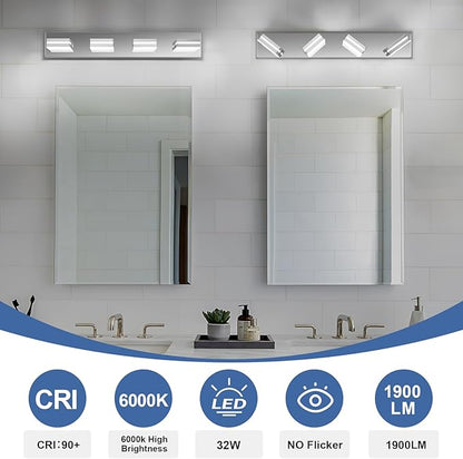 Modern LED Bathroom Lights Fixtures(4-Light),Stainless Steel Chrome Acrylic Wall Lighting,Vanity Lights for Bathroom Over Mirror(6000k 27in)