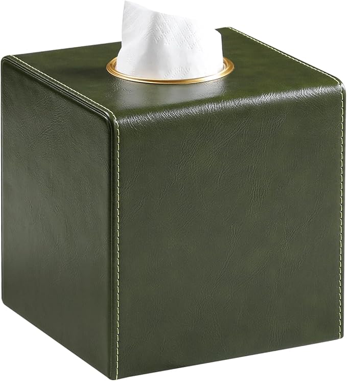 MEIBOOCH Square Tissue Box Cover, Luxury PU Leather Tissue Holder with Magnetic Closure (Dark Green)