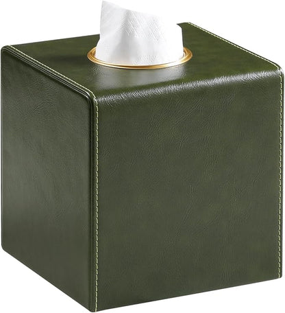 MEIBOOCH Square Tissue Box Cover, Luxury PU Leather Tissue Holder with Magnetic Closure (Dark Green)