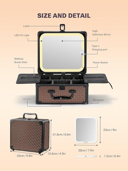 Qislee Makeup Box with A Detachable Lighted Mirror, Waterproof Travel Train Case, Cosmetic Organizer and Makeup Suitcase with Adjustable Dividers, Magnetic LED Mirror(Golden Brown)