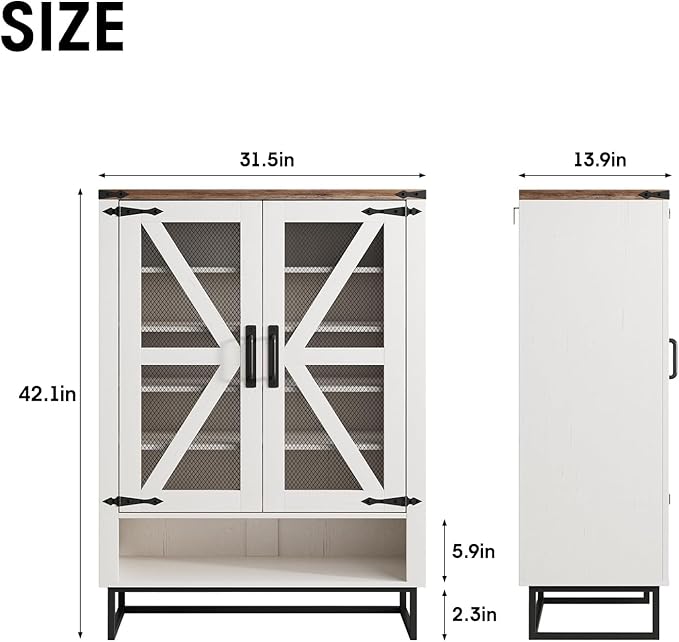Maupvit 42.1" Farmhouse Shoe Cabinet with Ventilated Mesh Doors, 6-Tier Shoe Storage Cabinet with Adjustable Shelves & Metal Legs, Rustic Wooden Shoe Rack Organizer for Entryway, Hallway, Foyer, White