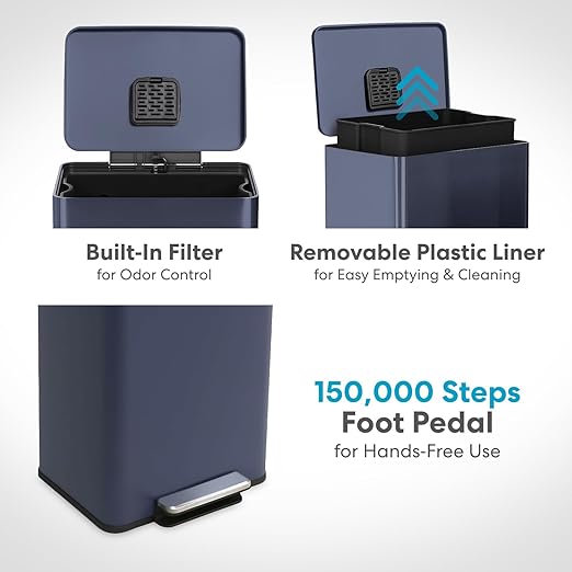 Simpli-Magic 50 Liter / 13.2 Gallon Soft-Close, Smudge Resistant Trash Can with Foot Pedal and Built in Filter- Blue