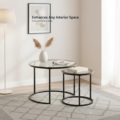 Round Nesting Coffee Table Set of 2, Modern Glass Nesting Tables, Stacking Minimalist End Table for Living Room Bedroom Small Space, Clear Tempered Glass and Black