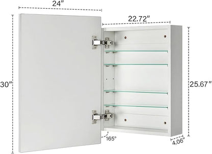 TEHOME 24'' x 30'' Polished Nickel Recessed and Surface Mount Bathroom Medicine Cabinet with Mirror Square Cornered Metal Framed Rounded Rectangle Medicine Cabinet Mirror