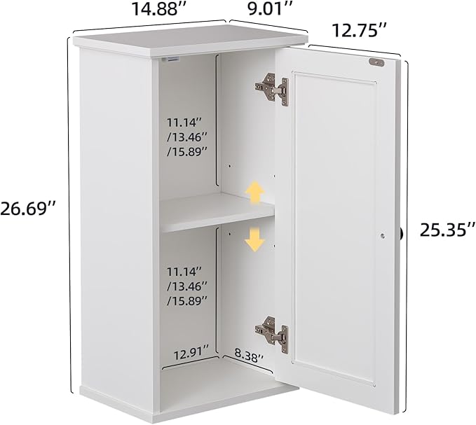 Over The Toilet Storage Cabinet, Above Toilet Organizer with Rattan Door, Modern White Finish, 13x25 inch Space Saving Bathroom Medicine Cabinet