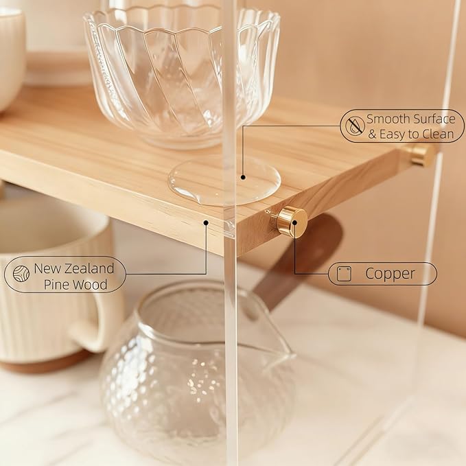 Coffee Station Organizer 2 Tier, Solid Wood Mug Shelf for Coffee Bar,Matcha Station,Tea Storage - Holds Mugs,Beans,Syrup,Cups,Tirrers (Transparent Acrylic, 15.4" L x 5.7" W x 13.4" H)