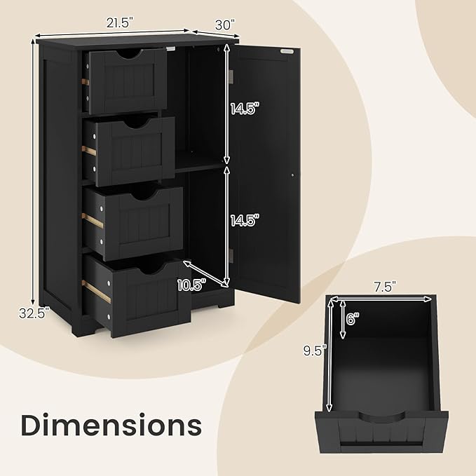 Tangkula Bathroom Floor Cabinet, Freestanding Storage Cabinet with 4 Drawers & Single Door, Adjustable Shelf, Multipurpose Bathroom Storage for Home Office, 21.5 x 12 x 32.5 Inches (Black)