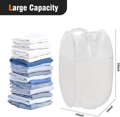 TECHMILLY Pop Up Foldable Laundry Basket, Mesh Laundry Hamper with Reinforced Handles for Dirty Clothes Storage in Dorm, Laundry Room, Bathroom, White(Fabric)