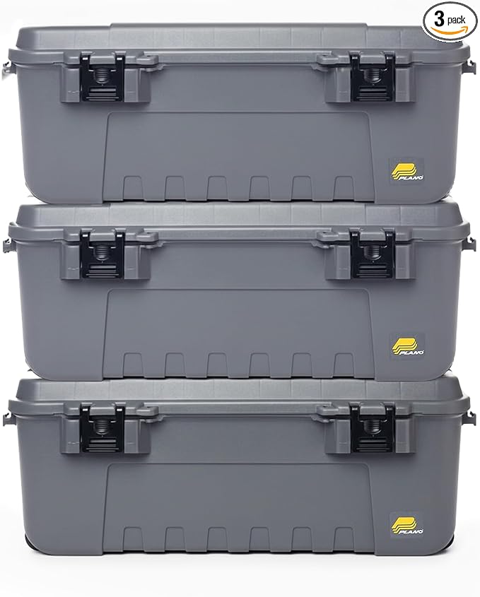 Plano 3 Pack Storage Trunk with Wheels, Gray, Lockable Storage Box, Airline Approved Sportsman Trunk, Hunting Gear and Ammunition Bin, Heavy-Duty Containers for Camping, 108-Quart