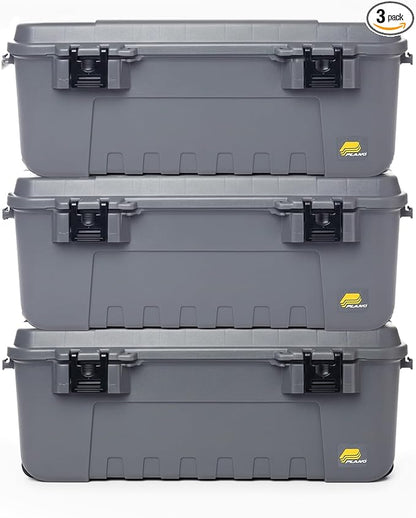 Plano 3 Pack Storage Trunk with Wheels, Gray, Lockable Storage Box, Airline Approved Sportsman Trunk, Hunting Gear and Ammunition Bin, Heavy-Duty Containers for Camping, 108-Quart