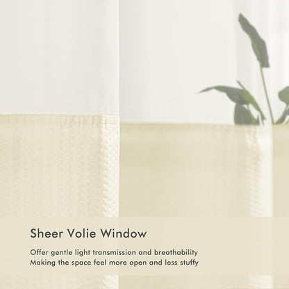 Mrs Awesome No Hook Shower Curtain with Snap-in Liner Less Time On/Off, Embossed Waffle-Look Textured Fabric Shower Curtain for Bathroom, Soft & Lightweight, 71x74, Cream