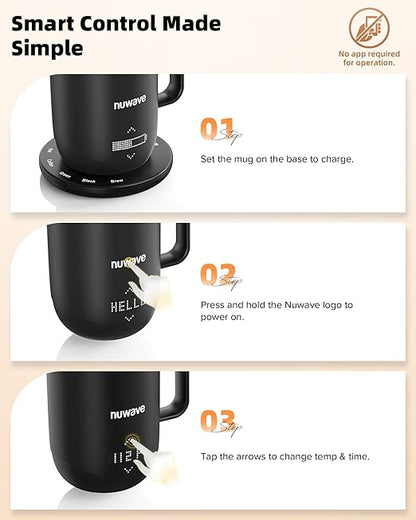 Nuwave Smart Heated Coffee Mug Rechargeable, 16oz Self Heating Temperature Control Mug with LED Display, Custom Brew Modes, Double-Wall Vacuum Insulation, 5-Hour Battery Life, Auto Shut-Off