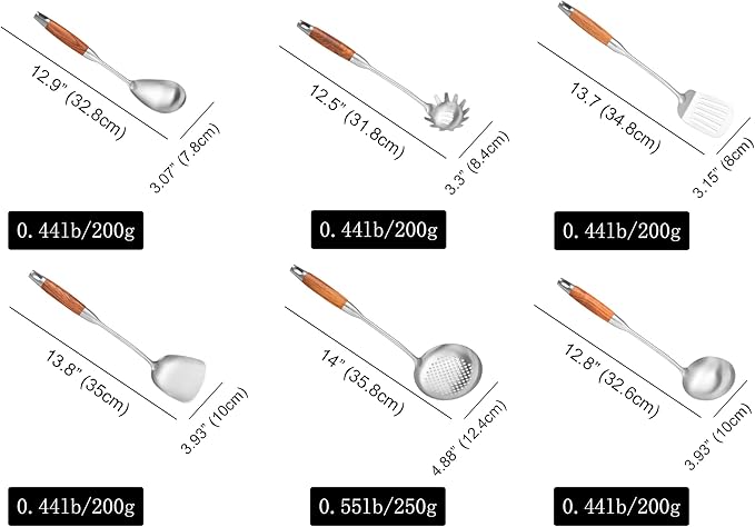 18/10 Stainless Steel Cooking Utensils with Wooden Handle, 6 PCS Stainless Steel Kitchen Utensils 12.5"-14", Wok Spatula, Ladle, Skimmer, Slotted Spatula Turner, Spaghetti Spoon, Large Spoon