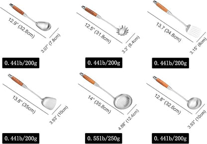 18/10 Stainless Steel Cooking Utensils with Wooden Handle, 6 PCS Stainless Steel Kitchen Utensils 12.5"-14", Wok Spatula, Ladle, Skimmer, Slotted Spatula Turner, Spaghetti Spoon, Large Spoon