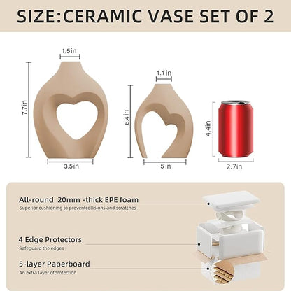 Brown Ceramic Flower Vases Home Decor Heart Shaped Vase Set of 2 Nordic Heart Shaped Vases, Minimalist Decorative Vase for Table Centerpiece Wedding Dining Living Room Office House Decoration