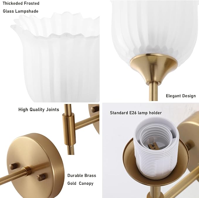 Gold Wall Sconce Set of 2 with Frosted Glass Shades Modern Mid Century Bathroom Vanity Wall Light Fixtures Industrial Brushed Brass Wall Lamp for Bedroom Mirror Living Room Restaurant