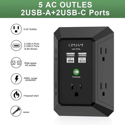USB Wall Charger, Surge Protector, QINLIANF 5 Outlet Extender with 4 USB Charging Ports (4.8A Total) 3-Sided 1680J Power Strip Multi Plug Outlets Wall Adapter Spaced for Home Travel Office(2U2C),Black