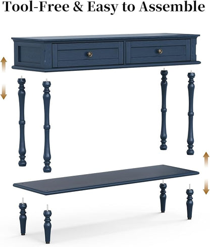ARTPOWER Console Table for Entryway with 2 Drawers-Minimal Assembly,Blue Retro Entryway Table with Storage Cabinets and Open Shelf,Narrow Long Couch Table Behind Sofa for Living Room,Foyer,Hallway