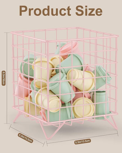 FantasyLife K Cup Holder Organizer, 5.3" x 5.3" x 6.3" Coffee Pod Storage Basket, Coffee Bar Accessories Metal Basket, Large Capacity Countertop Organizer for Kitchen Counter & Office Desktop (Pink)