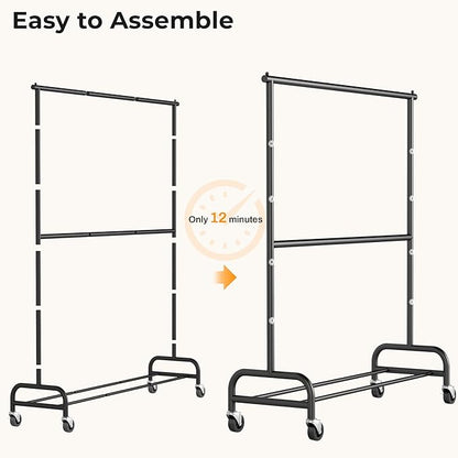 MISSLO Heavy Duty Clothes Rack for Hanging Clothes Rolling Clothing Rack Heavy Duty on Wheels for Coat, Garment, Matte Black (Double Rod)