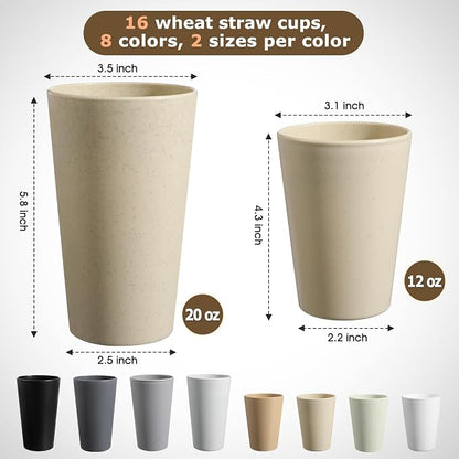 HEYCOME Set of 16 Wheat Straw Cups, 8 Pcs 20 oz & 8 Pcs 12 oz Unbreakable Drinking Cups, Reusable Plastic Cups Sets, Water Glasses Tumblers, Microwave & Dishwasher Safe, Bpa Free, 8 Colors