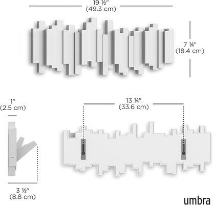 Umbra Sticks Wall-Mounted Coat Rack Rail Hook with 5 Retractable Pegs – Modern, Space-Saving Storage Organizer, White