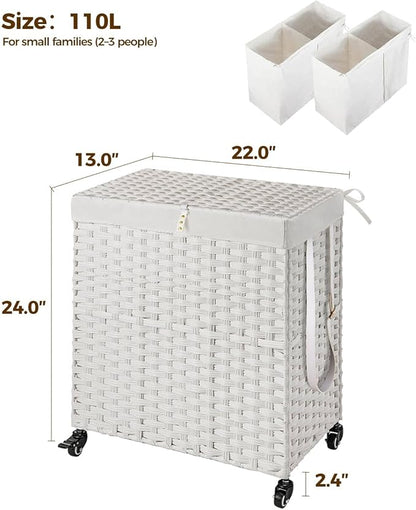 Greenstell Laundry Hamper with Wheels, No Install Needed, 110L Divided Handwoven Hampers & 2 Removable Liner Bags, Rattan Clothes Laundry Basket with Lid & Handles, Foldable Hampers White