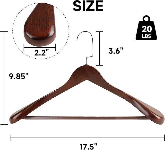 36-Pack Premium Wide Shoulder Wooden Suit Hangers, 17.5" Heavy-Duty Solid Wood Coat Hangers with Pant Bar for Men's Heavy Garments, Blazers, Jackets (Walnut)