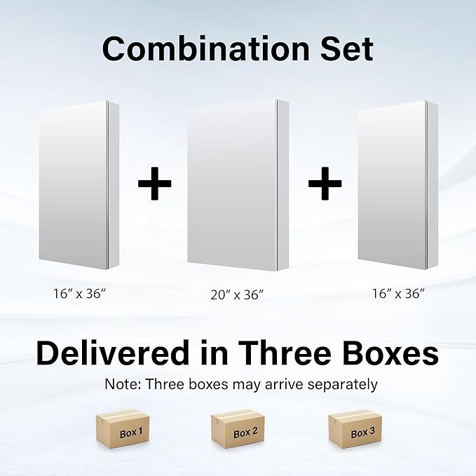 WELLFOR 52" x 36" Bathroom Medicine Cabinet with Mirror, Anodized Chrome Aluminum Frame, Surface Mount or Recessed Medicine Cabinet with Mirror, Bathroom Mirror with Storage, Three Doors