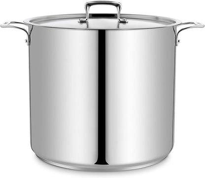 Stainless Steel Stockpot with Lid 24 Quart, Durable 18/8 Stainless Steel, Impact-Bonded Base for Even Heating, Riveted Handles, Oven & All Stove Compatible, Safe Up To 500°F (260°C)