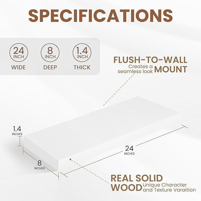 Fun Memories Rustic Floating Shelves for Home Decor, 8 Inch Deep Floating Shelf, Solid Wood Floating Wall Shelves 24 Inch Long, Deep Wall Shelves for Bathroom, Living Room, White Finsh, Set of 2