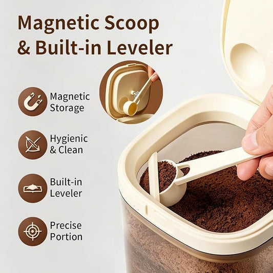 Airtight Food Storage Container with Magnetic Scoop & Built-in Leveler, 1200ML Coffee Storage Container with Date Tracker, BPA Free UV Blocking Food Container for Coffee Beans, Ground Coffee, Tea