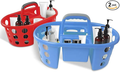 Large Shower Caddy Portable 2PC - Made in USA Plastic Jumbo Size Dorm Storage Candy Tote with Handle Shower Organizer for Bathroom, Pantry, Kitchen, College Dorm, Red/Periwinkle