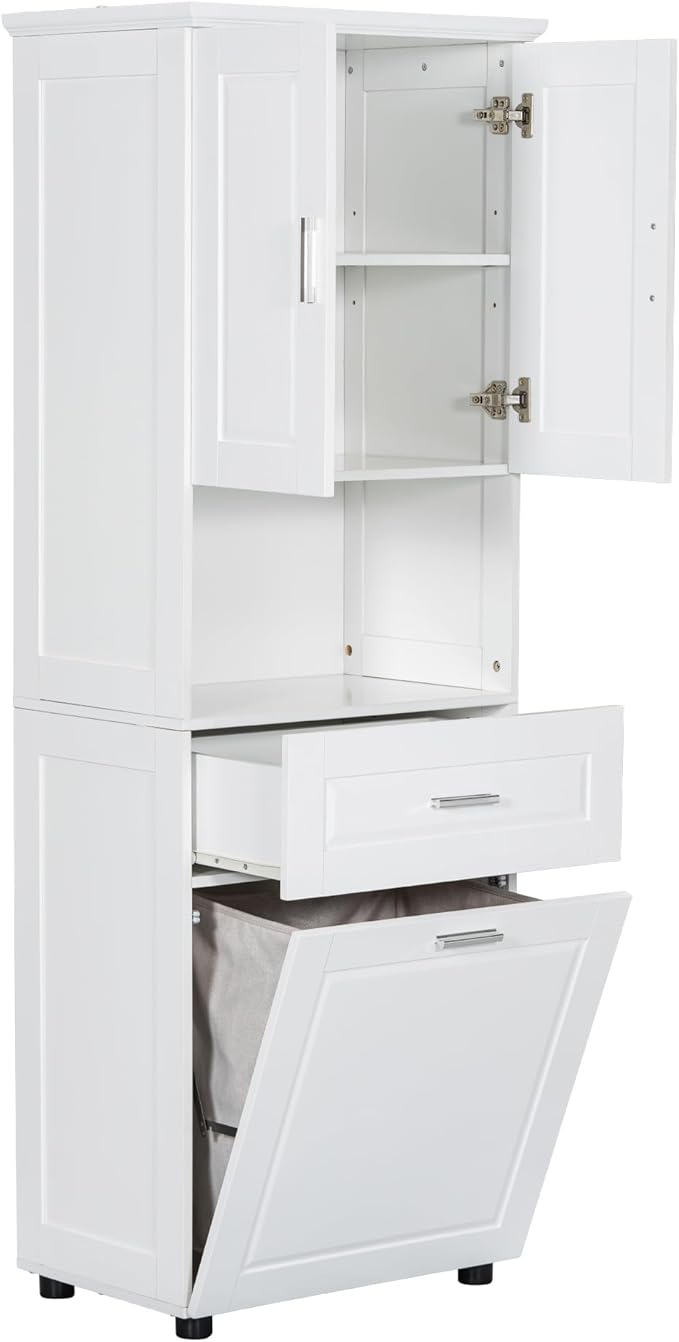 70" Tall Bathroom Storage Cabinet with Two Doors and Drawer, Open Space and Laundry Hampers for Home Display Organizer, Removable Laundry Basket, Adjustable Shelf, White