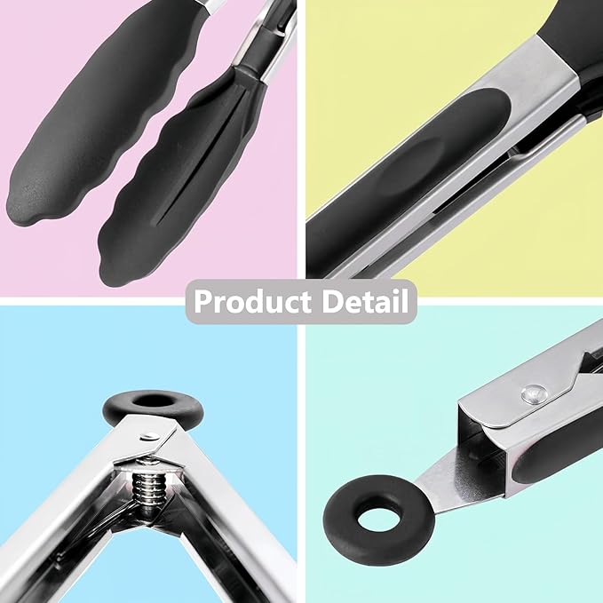 IOCBYHZ Kitchen Silicone Tongs for Cooking with Nonslip Silicone Tips, 600°F Heat Resistant Cooking Food Tong Set Heavy Duty Stainless Steel Handle for Baking Grilling Serving, 3 Pack (7" & 9" & 12")