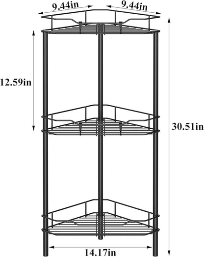3 Tier Floor Standing Corner Shower Caddy Organizer Shelf with Hooks, Bathroom Shelves Stand Rack, Black