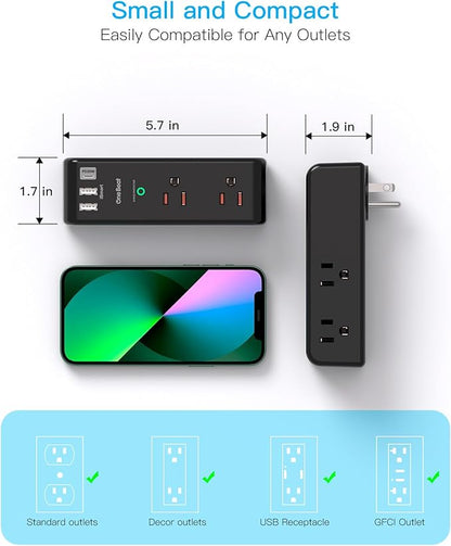 Surge Protector Outlet Extender, Rotating Plug, PD 20W, 6 AC Multi Plug Outlet with 3 USB Ports (2 USB C), 1800 Joules 3-Sided Swivel Power Strip with Spaced Outlet Splitter for Home Office Dorm - BK