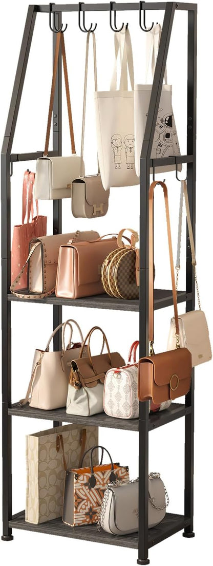 3-Tier Purse Rack Stand with 8 Hooks - Tall Narrow Purse Organizer for Entryway/Closet Organization, Bag Organizer for Various Bags(Gray)