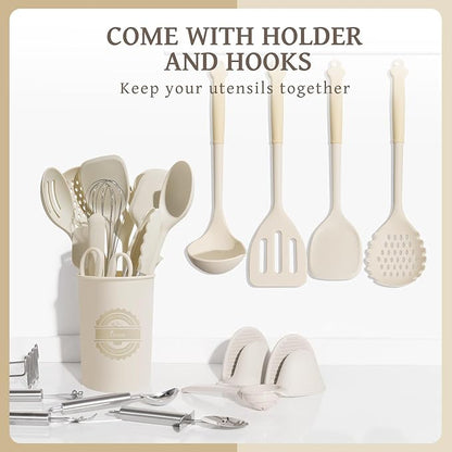 Kikcoin 43Pcs Large Kitchen Utensils Set - Silicone Cooking Utensils Set, Dishwasher Safe Spatula Set for Non-stick Cookware, 446°F Heat Resistant Kitchen Utensils Set with Holder BPA Free, Cream