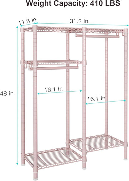 Ulif F1 Clothes Rack for Kids, Baby, Students, and Children's Room, 4 Tiers Portable Metal Closet Clothing Rack, Small Garment Rack with 2 Hanging Rod, 31.2" W x 11.8" D x 48" H, Pink